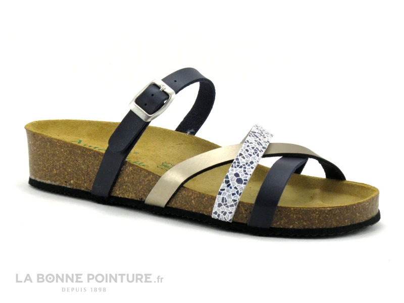 Autenti 689658 - Bleu Marine - Blanc - Beige Metal - Mule Compensee 3 Autenti 689658 - Bleu Marine - Blanc - Beige Metal - Mule Compensee